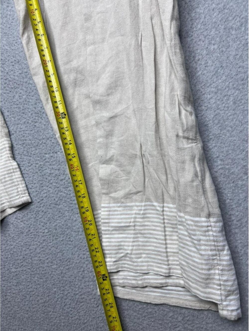 Pure Jill Linen Wide Leg Pants L Beige Striped Border Hem Crop Coastal Boho New - Picture 4 of 11